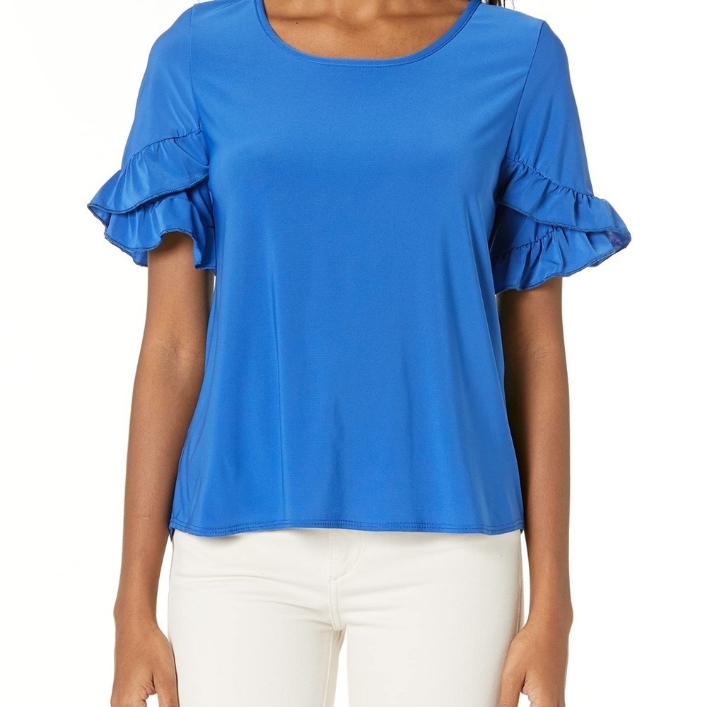 INC International Concepts Blue Ruffled Tulip Royal Short Sleeve Blouse Petite